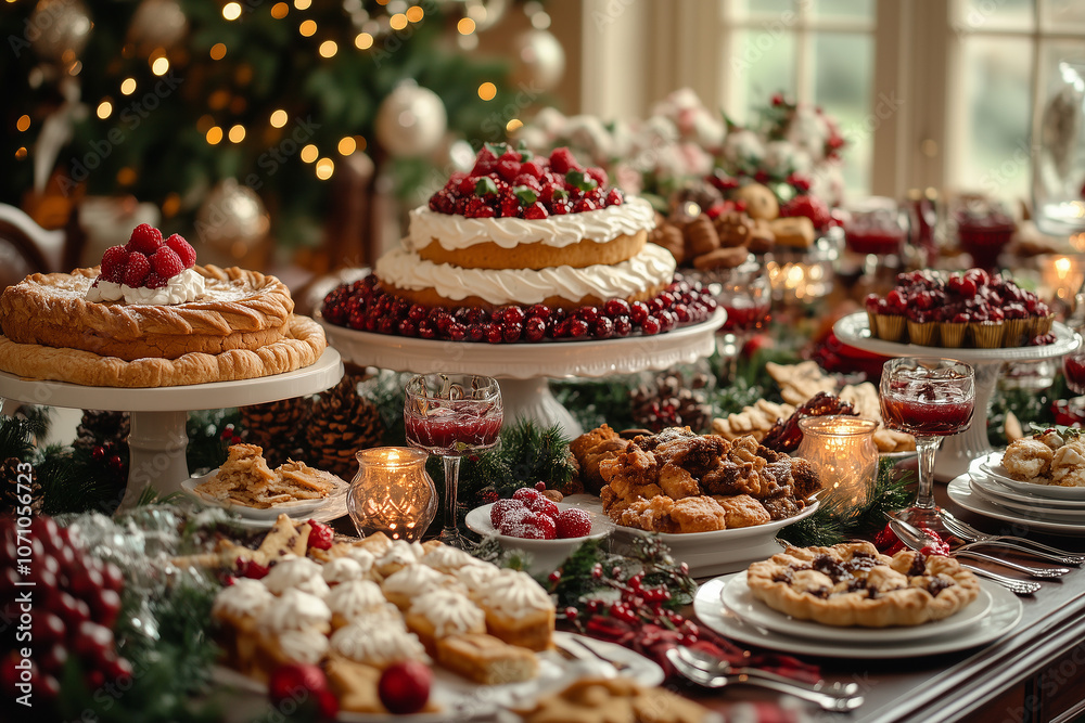 A beautifully decorated holiday table filled with festive desserts and decorations, perfect for a cozy winter gathering A beautifully decorated holiday table filled with festive desserts and decorations, perfect for a cozy winter gathering