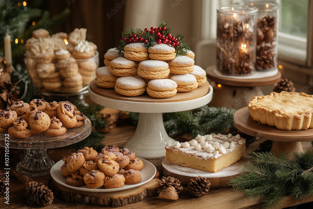 A beautifully decorated holiday table showcasing an array of delicious sweets and treats with festive decorations and seasonal accents