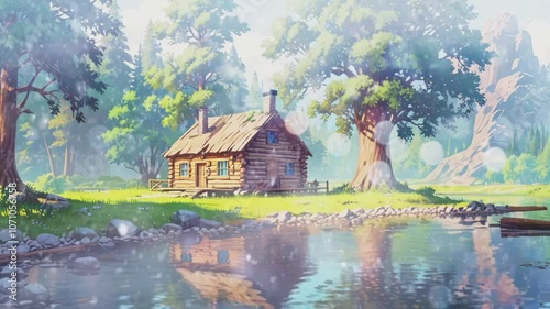 Tranquil wooden cabin by a serene lake surrounded by lush trees in a picturesque landscape during a sunny day.Seamless 4k time lapse virtual video animation