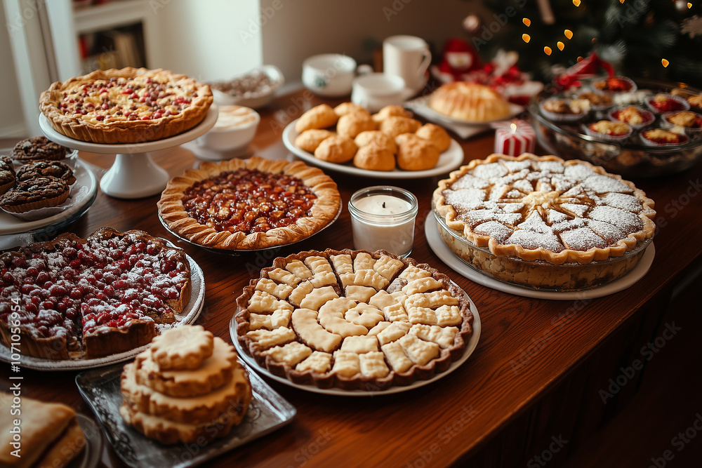 A beautifully decorated holiday table with an array of homemade pastries and desserts during a festive gathering