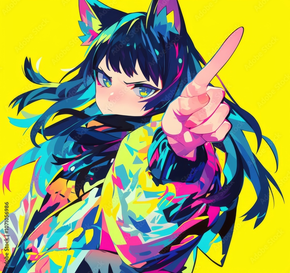 Naklejka premium Energetic and vibrant anime girl with cat ears, black hair, and colorful outfit, playfully sticking her middle finger up.