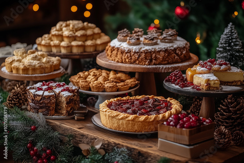 A beautifully decorated holiday table showcasing an array of delicious desserts and treats, set in a cozy festive setting