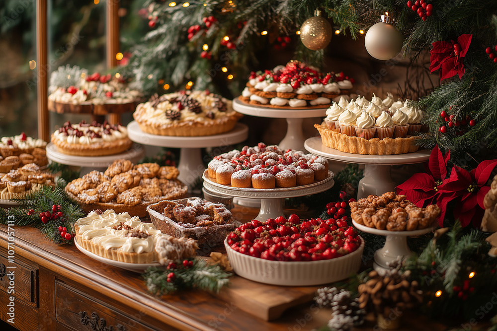 A beautifully decorated holiday table featuring an array of delicious desserts surrounded by festive greenery and decorations A beautifully decorated holiday table featuring an array of delicious desserts surrounded by festive greenery and decorations