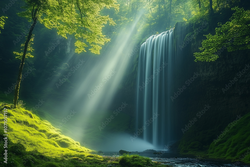 A stunning waterfall cascading through a lush forest with rays of sunlight illuminating the serene landscape in the early morning A stunning waterfall cascading through a lush forest with rays of sunlight illuminating the serene landscape in the early morning