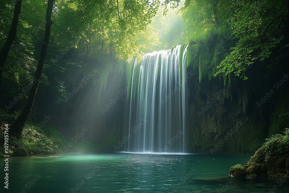 A stunning waterfall cascading into a serene pool surrounded by lush green trees in a tranquil forest setting A stunning waterfall cascading into a serene pool surrounded by lush green trees in a tranquil forest setting