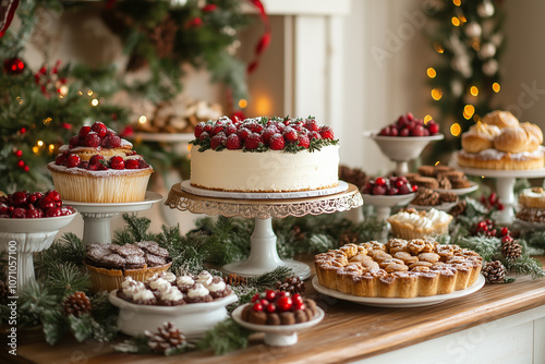 A beautifully decorated holiday table setting featuring an array of festive desserts and holiday decorations in a cozy setting