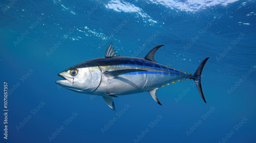 Naklejka premium A large blue and silver fish is swimming in the ocean. The fish is surrounded by water and he is in its natural habitat