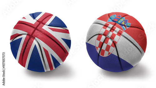 basketball balls with the national flags of croatia and great britain on the white background. photo