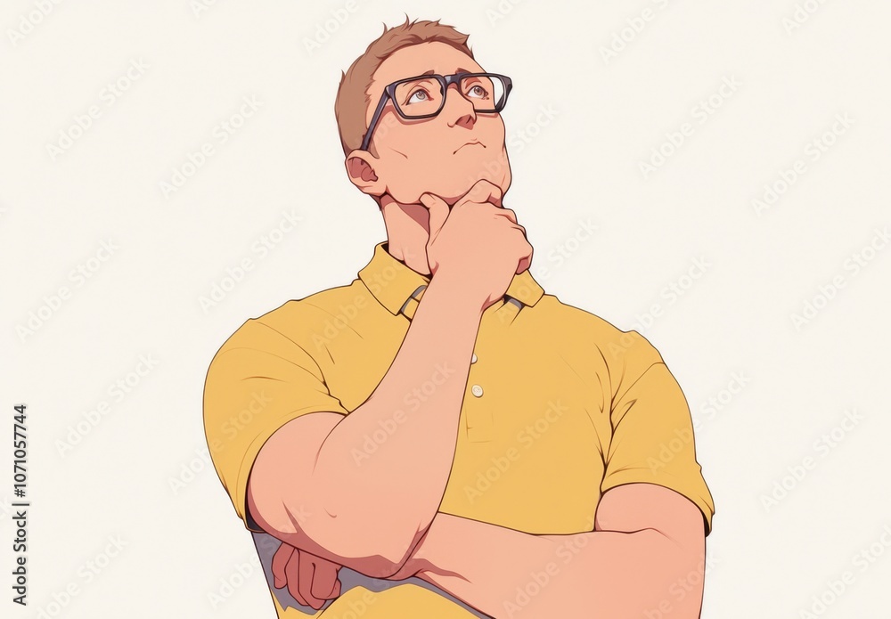 Middle-aged man in yellow polo shirt thinking with hand on chin. Simple flat vector illustration with transparent background and white border, depicting a thoughtful and pensive mood. Middle-aged man in yellow polo shirt thinking with hand on chin. Simple flat vector illustration with transparent background and white border, depicting a thoughtful and pensive mood.