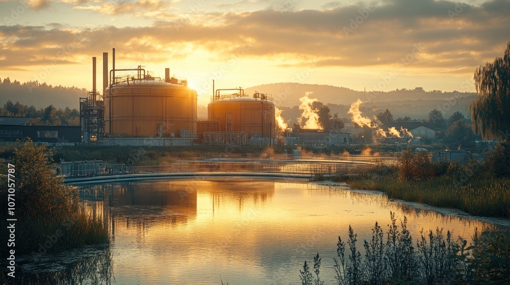 Industrial complex at sunrise with reflection in a pond. Industrial complex at sunrise with reflection in a pond.