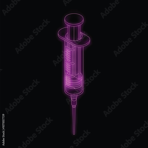 Neon syringe glowing on black background, concept for healthcare and medical treatment