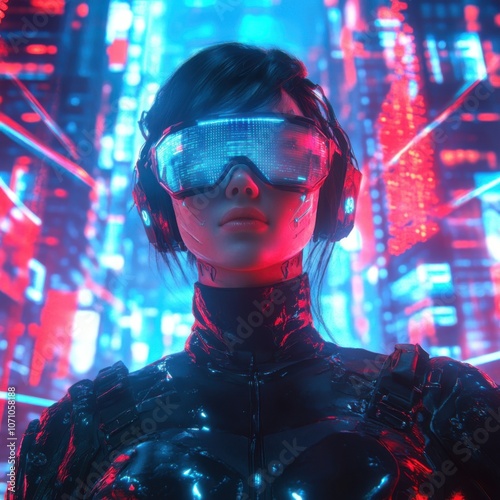 Futuristic cyberpunk woman wearing high-tech glasses and headphones stands in front of a neon-lit cityscape, with symmetrical composition, high-contrast lighting, holographic effects, vibrant colors.