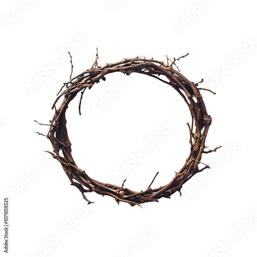 A crown of tree branches with sharp long xiphoid thorns on a white background photo