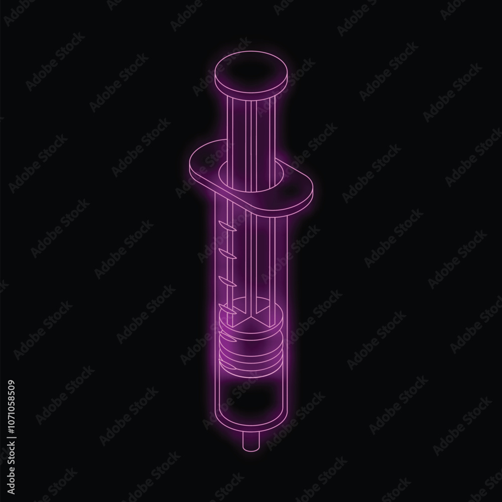 Glowing purple outline of a medical syringe is standing on a black background Glowing purple outline of a medical syringe is standing on a black background