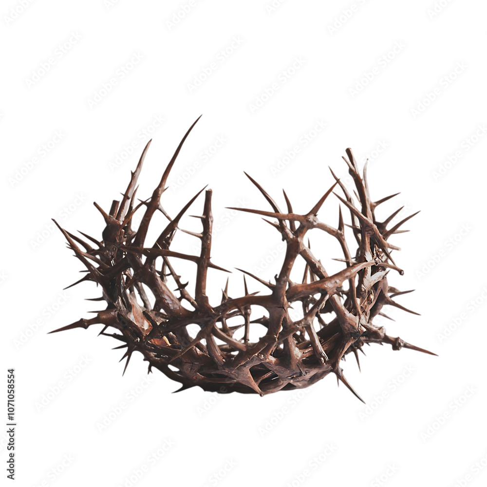 Fototapeta premium A crown of tree branches with sharp long xiphoid thorns on a white background