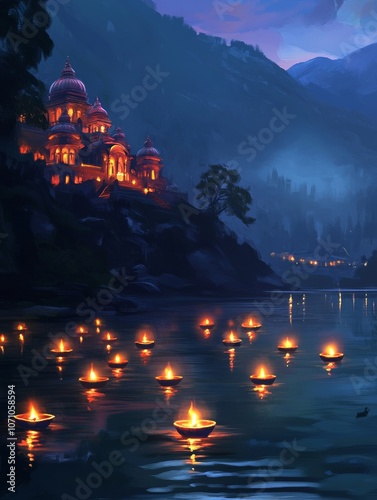 Peaceful Reflections: A Templethe Lake on Diwali Night IlluminatedDiyas photo