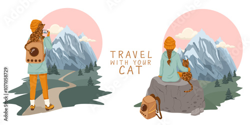 Travel with your cat concept art. Vector hand drawn illustration with a woman hiking in the mountains with a bengal cat in a pet carrier backpack. Set of scenes with traveler and animal