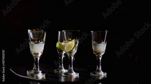4K Ultra HD Looped Animation of Rotating Tequila Shots with Lime and Salt Rim in Neon-Lit Bar Setting