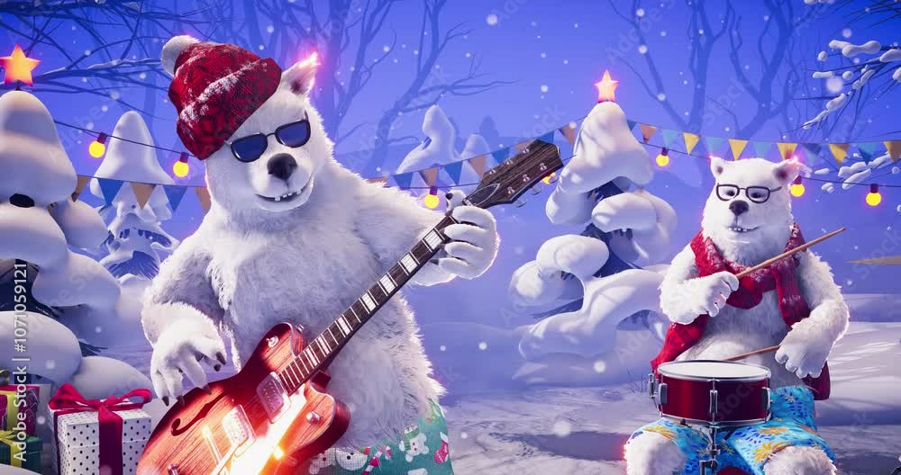 Christmas party: funny polar bears in red hat and scarf playing guitar and drums on winter holiday background. Animated video for greeting cards, holiday events, New Year parties