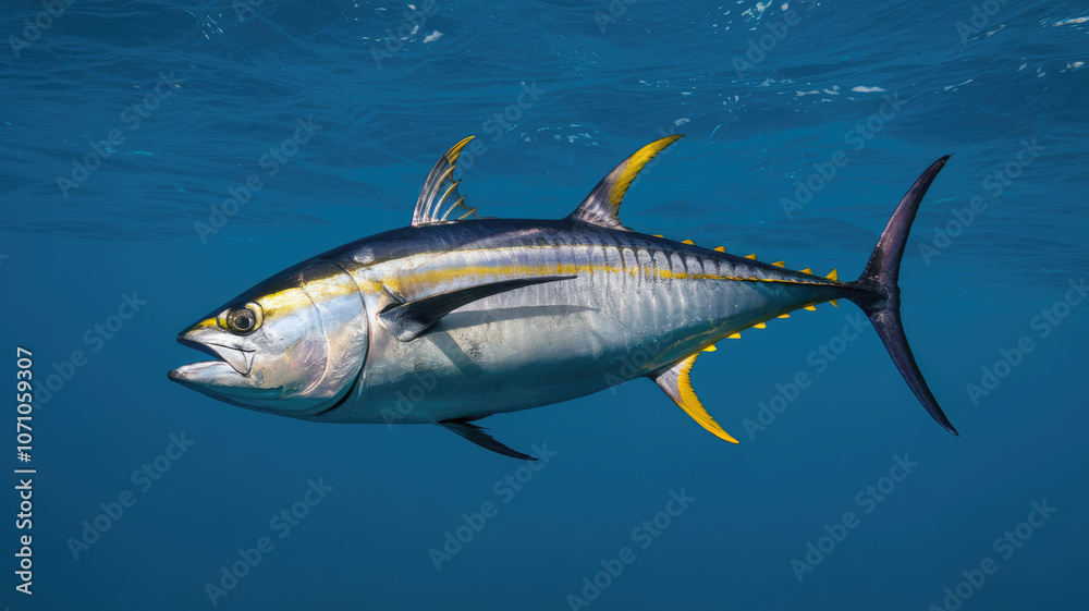 Fototapeta premium A large fish is swimming in the ocean. The fish is yellow and blue. The water is blue and clear