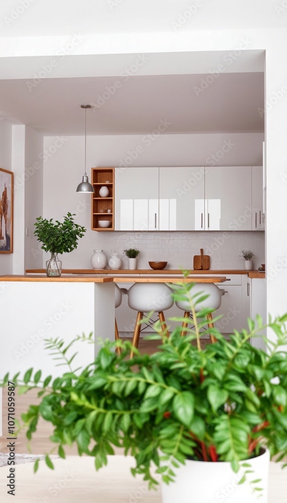 Spacious and bright kitchen interior with lush green plants framing the white and wood design elements Spacious and bright kitchen interior with lush green plants framing the white and wood design elements