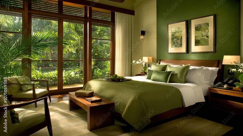 Fototapeta premium A tidy bedroom boasts a beautifully made bed and an expansive window offering a scenic view of the trees beyond the room