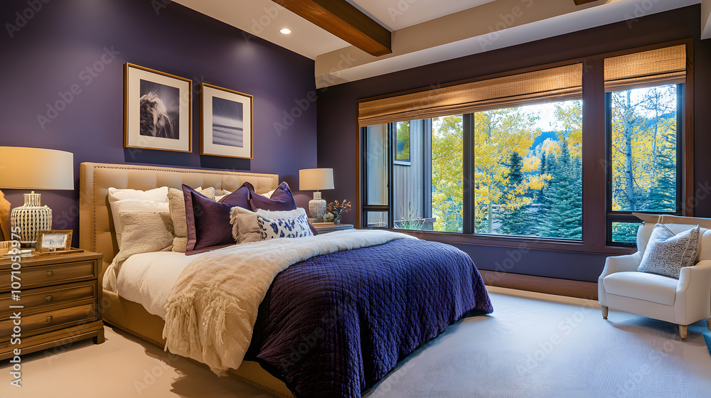 Fototapeta premium Modern bedroom design with Future Dusk color palette accentuating comfort and style