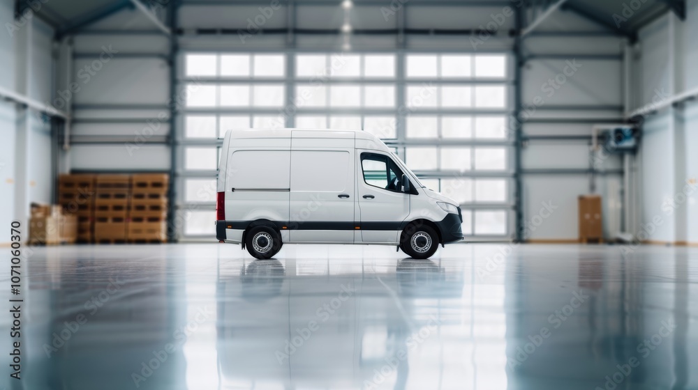 White delivery van parked in a spacious industrial warehouse during daylight hours White delivery van parked in a spacious industrial warehouse during daylight hours