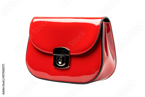 Shiny Red Patent Leather Handbag with Metal Clasp. Isolated on a Transparent Background. 