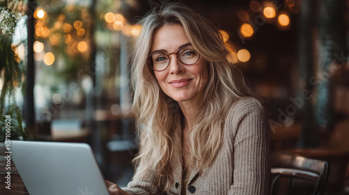 A focused businesswoman takes notes on her laptop at a cafe, planning projects and studying online in a calm space. photo