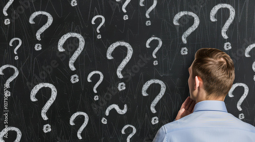 A businessman ponders solutions, gazing at a blackboard filled with chalkdrawn question marks against a dark backdrop. photo