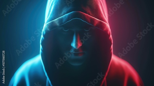 A hooded figure embodies the dark side of the web, blending into neon lights as they plot cyber attacks and malicious schemes. photo