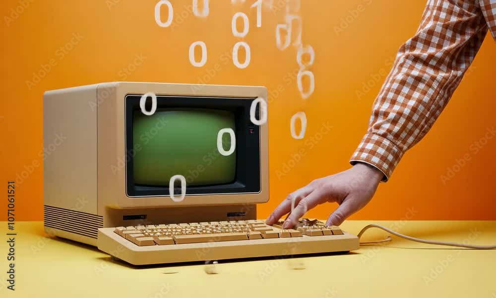 Retro personal computer or PC with loading code console, programmer ...