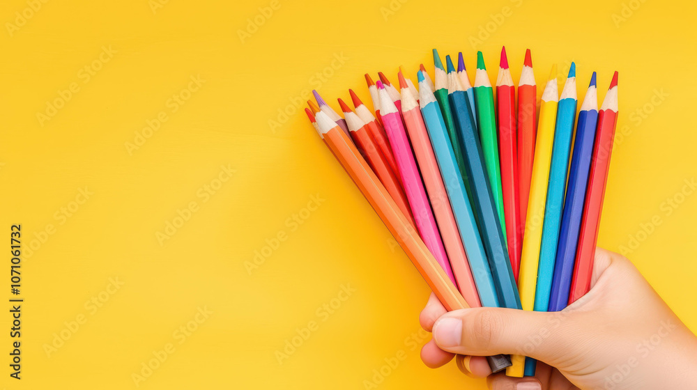 Fototapeta premium A vibrant bunch of colored pencils held against a bright yellow backdrop, perfect for any creative project.