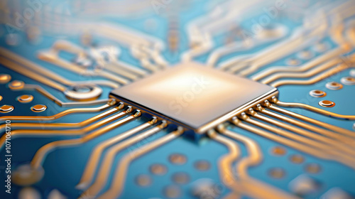 A detailed closeup of a circuit board, showcasing its intricate design, highlighted against a sleek blue and gray backdrop.