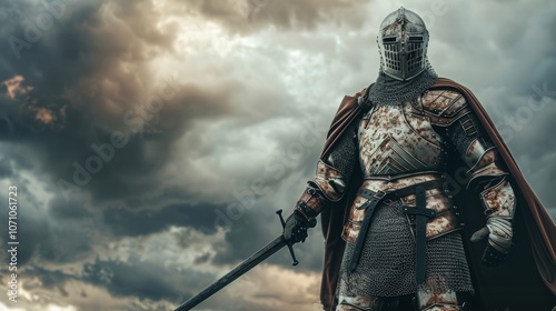 A knight in weathered armor stands confidently with a sword against a dramatic sky in a medieval landscape at dusk