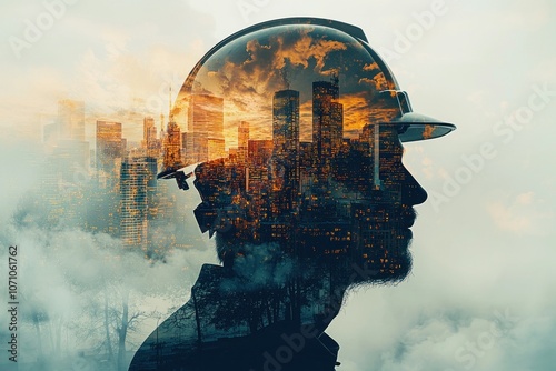 Silhouette of a construction worker with a city skyline reflected in his hard hat