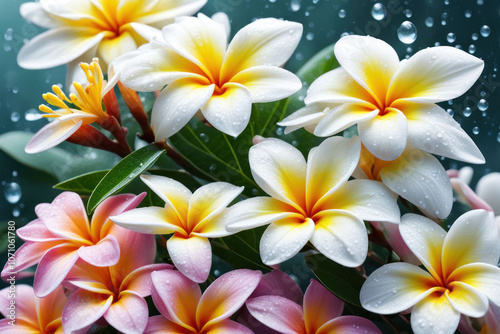 a cluster of beautiful white and yellow plumeria flowers, their petals glistening with water droplets.