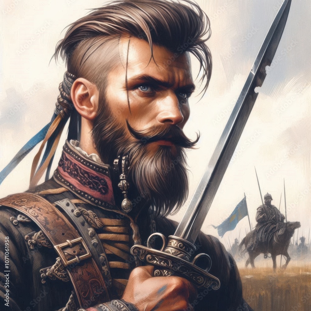 A proud warrior in traditional attire stands ready with a sword on a battlefield, with mounted soldiers in the background during the day A proud warrior in traditional attire stands ready with a sword on a battlefield, with mounted soldiers in the background during the day