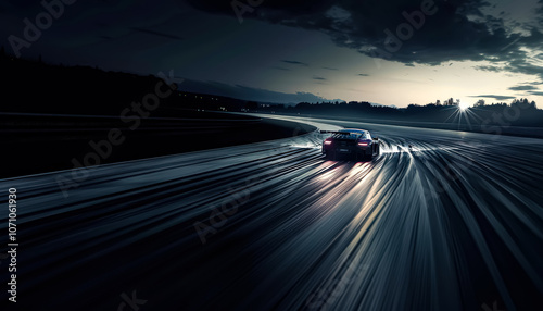 Car is driving down a wet road at night. The car is black and has a red stripe. The road is dark and wet, and the car is the only thing visible