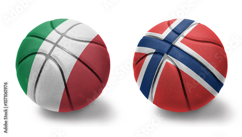 basketball balls with the national flags of norway and italy on the white background. photo