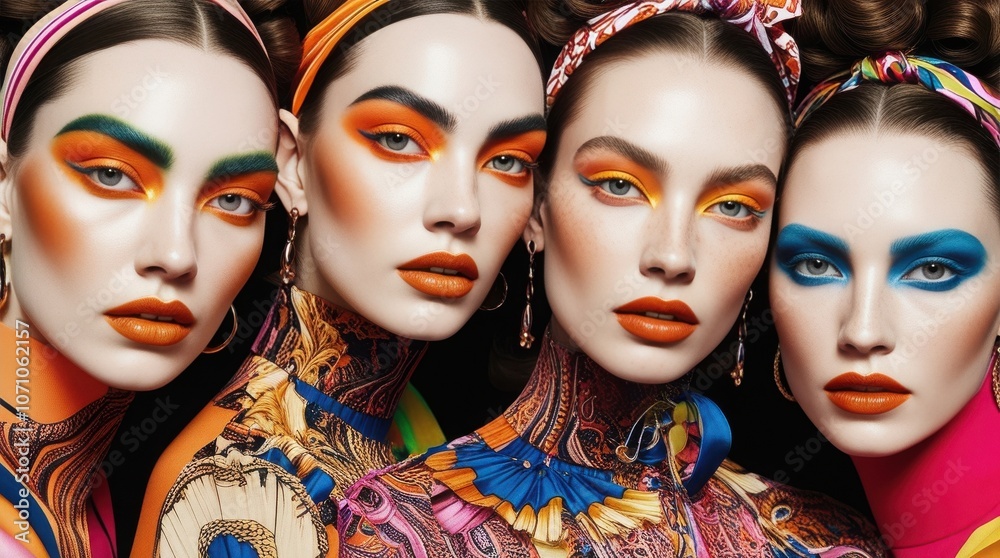 Obraz premium Vibrant fashion models showcase bold makeup and colorful outfits in a dynamic display of creativity and style during a studio photoshoot