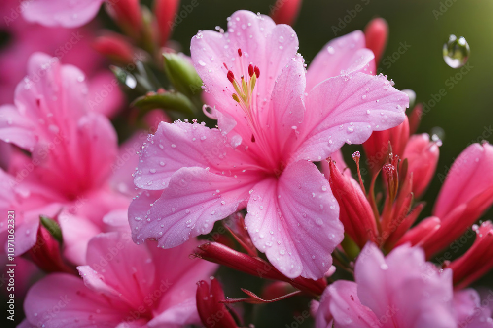 a beautiful cluster of pink azaleas, their petals glistening with morning dew. a beautiful cluster of pink azaleas, their petals glistening with morning dew.