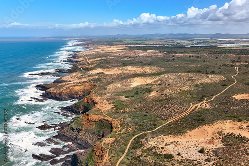Aerial panoramic view of the Rota Vicentina or Fishermens, Fisherman, Trail. Almograve, Portugal