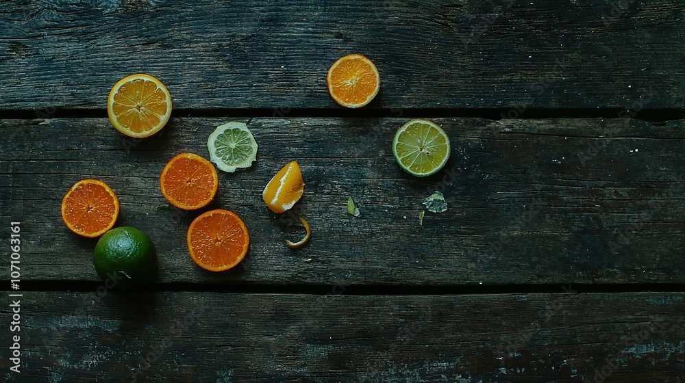 Oranges, limes sit atop wooden table; adjacent to lime slice Oranges, limes sit atop wooden table; adjacent to lime slice