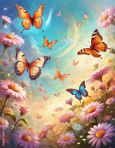 Colorful butterflies dance gracefully among a variety of blooming flowers, illuminated by the warm light of sunrise, creating a peaceful garden atmosphere. Generative AI