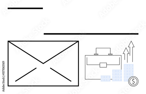 Envelope for communication, business briefcase for professional tools, rising graph arrows and coin stack for financial growth. Ideal for business, finance, communication, email marketing, project