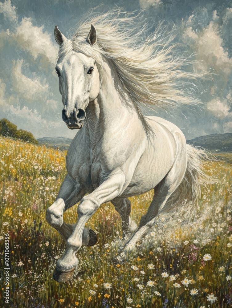 Fototapeta premium Majestic Freedom: A White Stallion Galloping ThroughVibrant Wildflower Field
