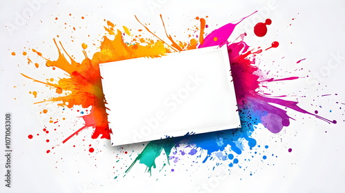 white sheet of paper over bright colored blot. Copyspace banner. Design for business card of art studio, art school, creative master classes, price tag for sale of art goods.