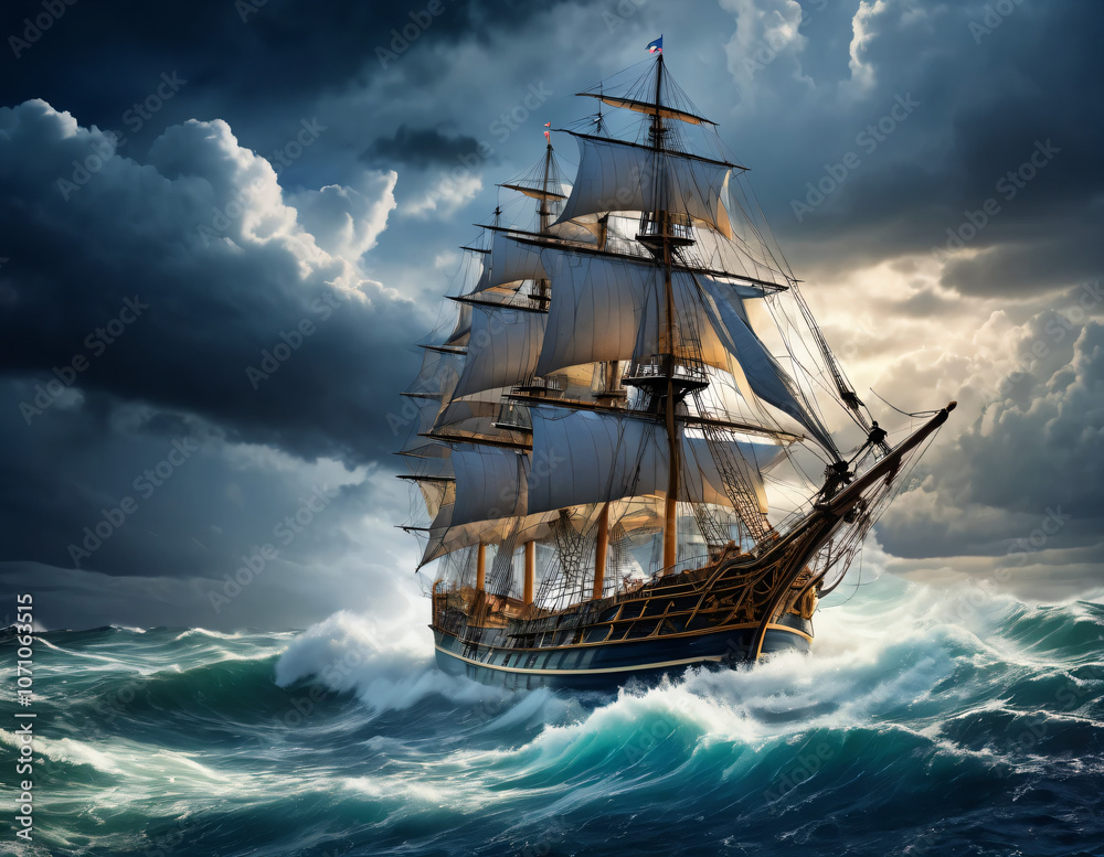 Detailed and realistic image of a sailing ship in a stormy sea, with a dramatic cloudy sky, breaking waves, realistic lighting and beautiful colors, conveying a cinematic and masterful atmosphere Detailed and realistic image of a sailing ship in a stormy sea, with a dramatic cloudy sky, breaking waves, realistic lighting and beautiful colors, conveying a cinematic and masterful atmosphere